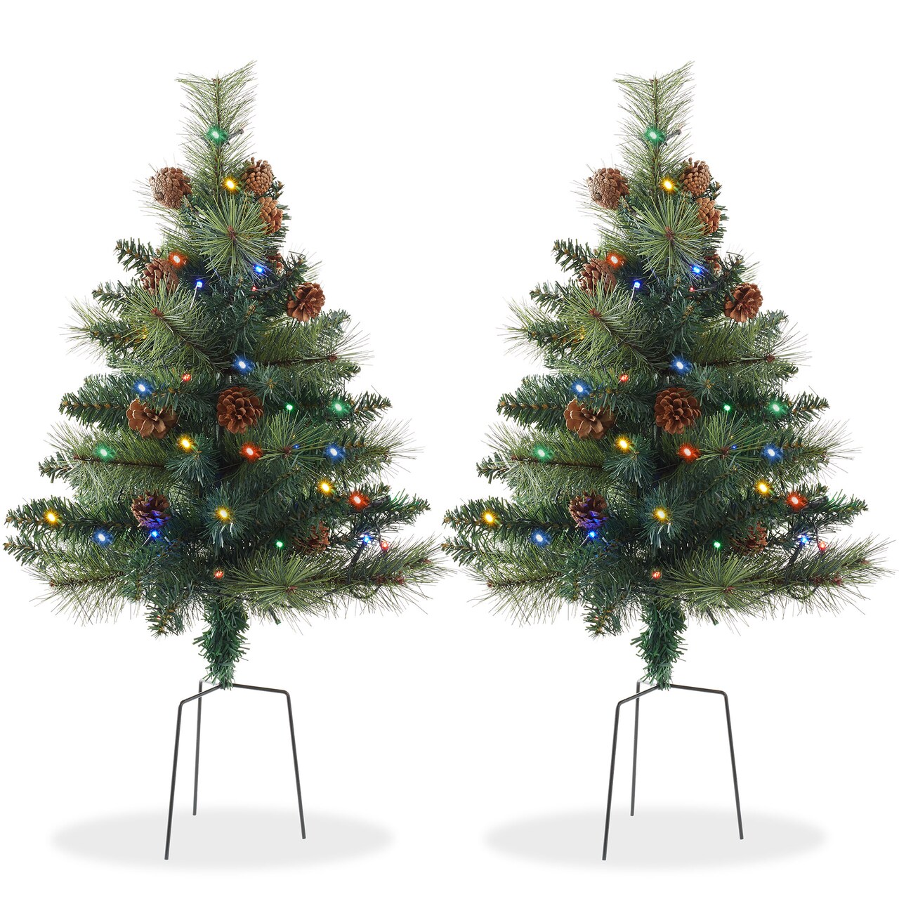 Casafield Set of 2 - 24" Outdoor Pathway Christmas Trees, Realistic Walkway Pre-Lit Holiday Decor with Pinecones and LED Lights